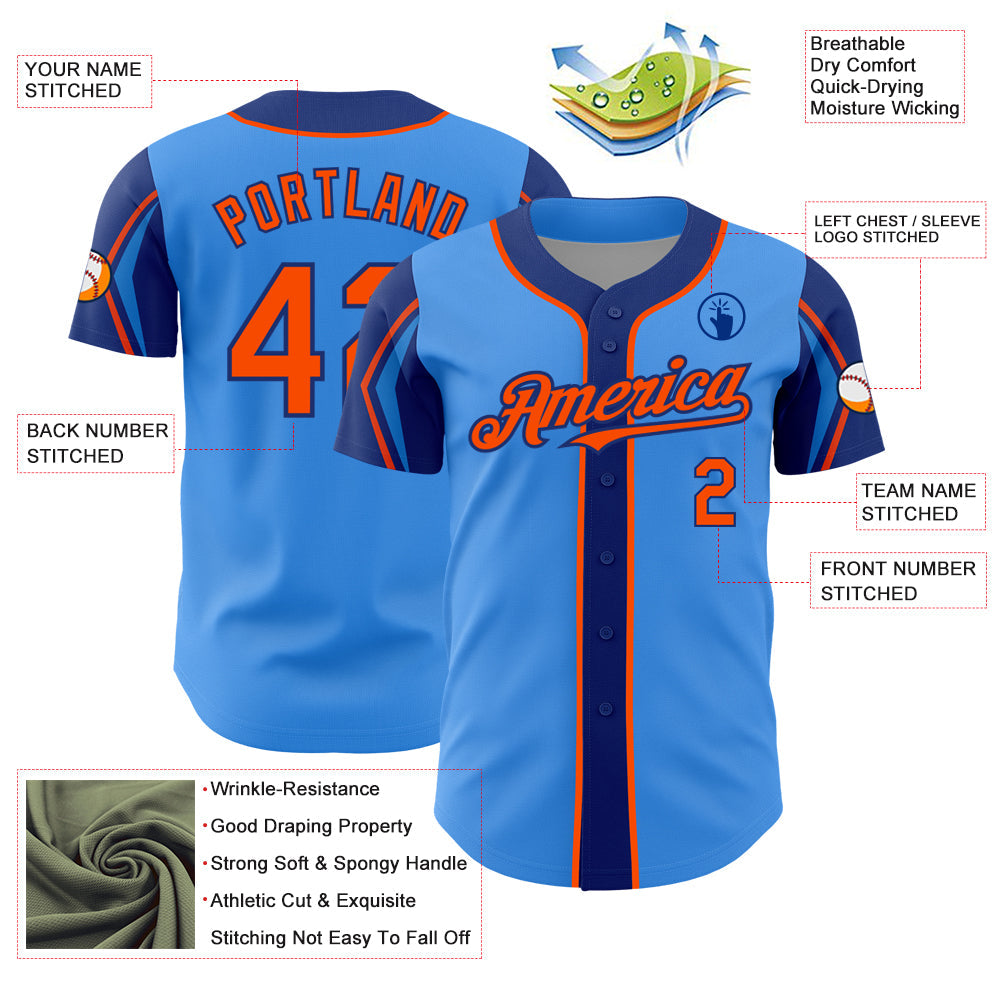 Custom Electric Blue Orange-Royal 3 Colors Arm Shapes Authentic Baseball Jersey view 4