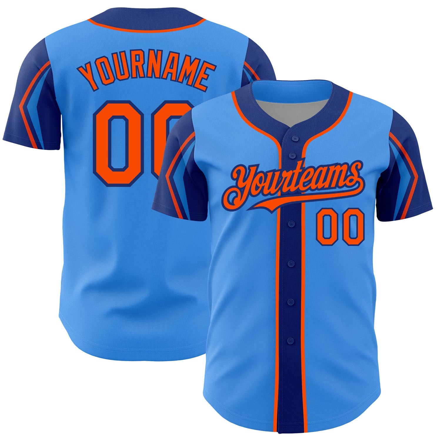 Custom Electric Blue Orange-Royal 3 Colors Arm Shapes Authentic Baseball Jersey - Main View