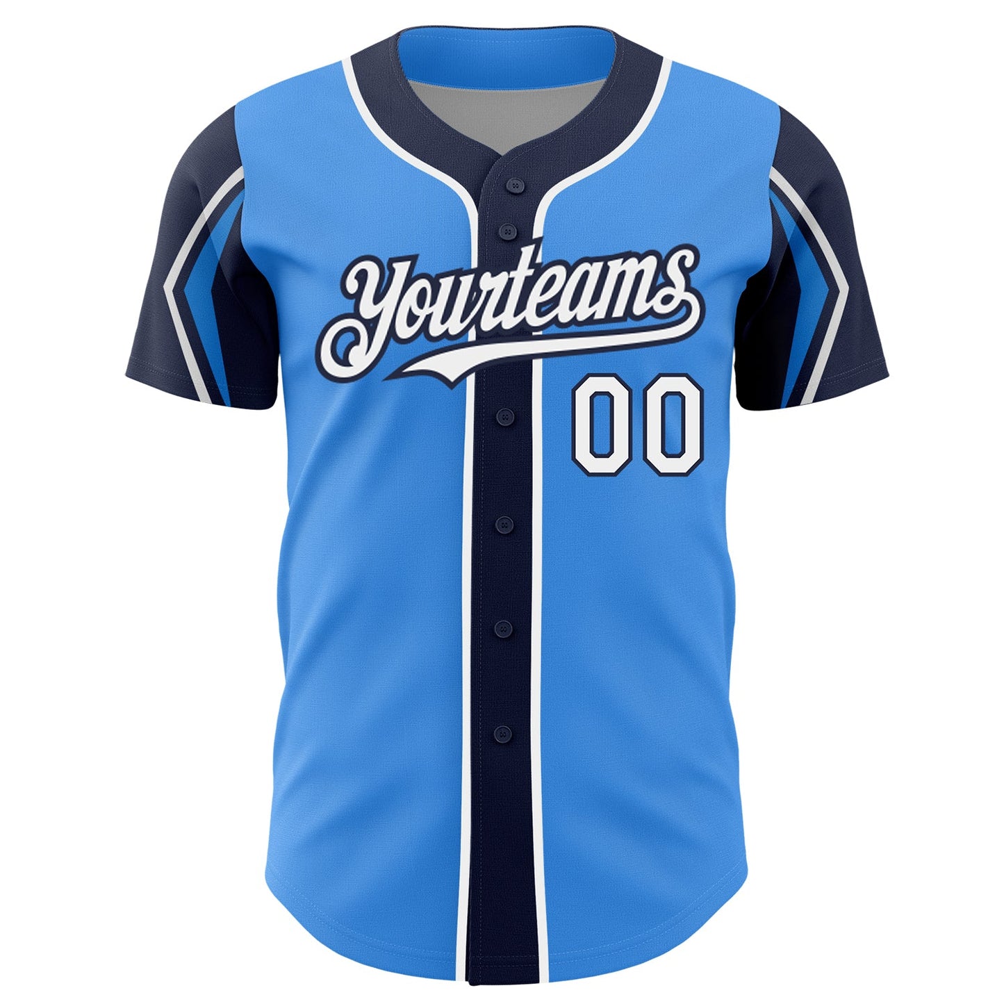 Custom Electric Blue White-Navy 3 Colors Arm Shapes Authentic Baseball Jersey view 3