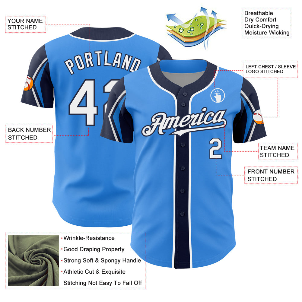 Custom Electric Blue White-Navy 3 Colors Arm Shapes Authentic Baseball Jersey view 4