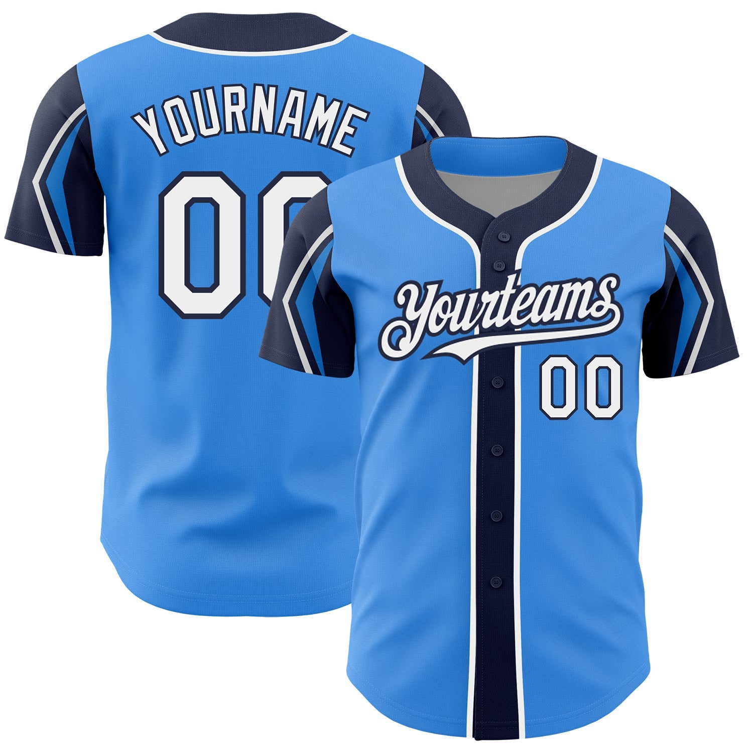 Custom Electric Blue White-Navy 3 Colors Arm Shapes Authentic Baseball Jersey - Main View