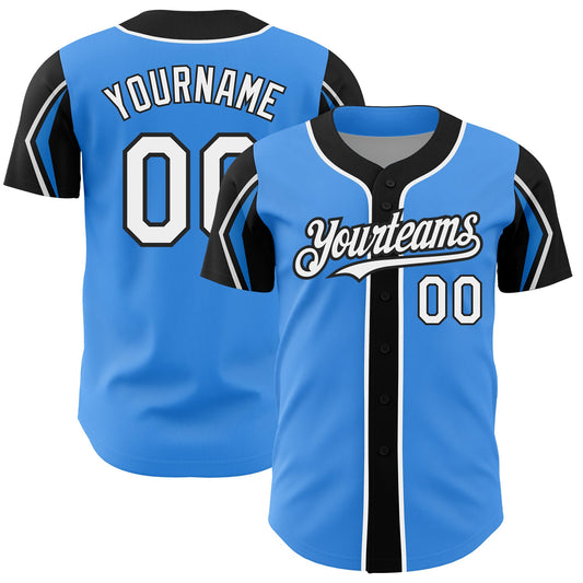Custom Electric Blue White-Black 3 Colors Arm Shapes Authentic Baseball Jersey - Main View