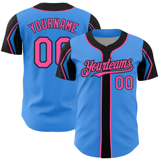 Custom Electric Blue Pink-Black 3 Colors Arm Shapes Authentic Baseball Jersey - Main View