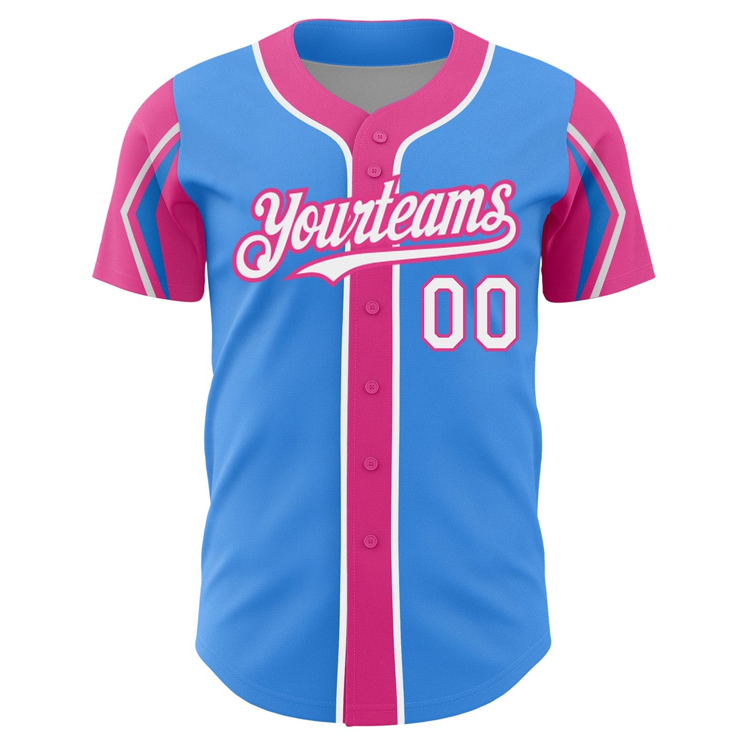 Custom Electric Blue White-Pink 3 Colors Arm Shapes Authentic Baseball Jersey view 3