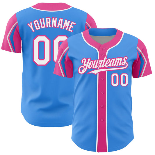 Custom Electric Blue White-Pink 3 Colors Arm Shapes Authentic Baseball Jersey - Main View