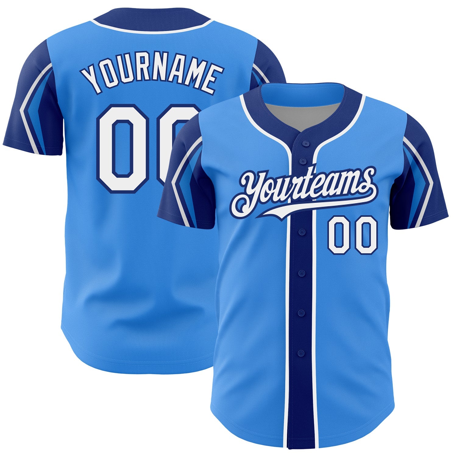Custom Electric Blue White-Royal 3 Colors Arm Shapes Authentic Baseball Jersey - Main View