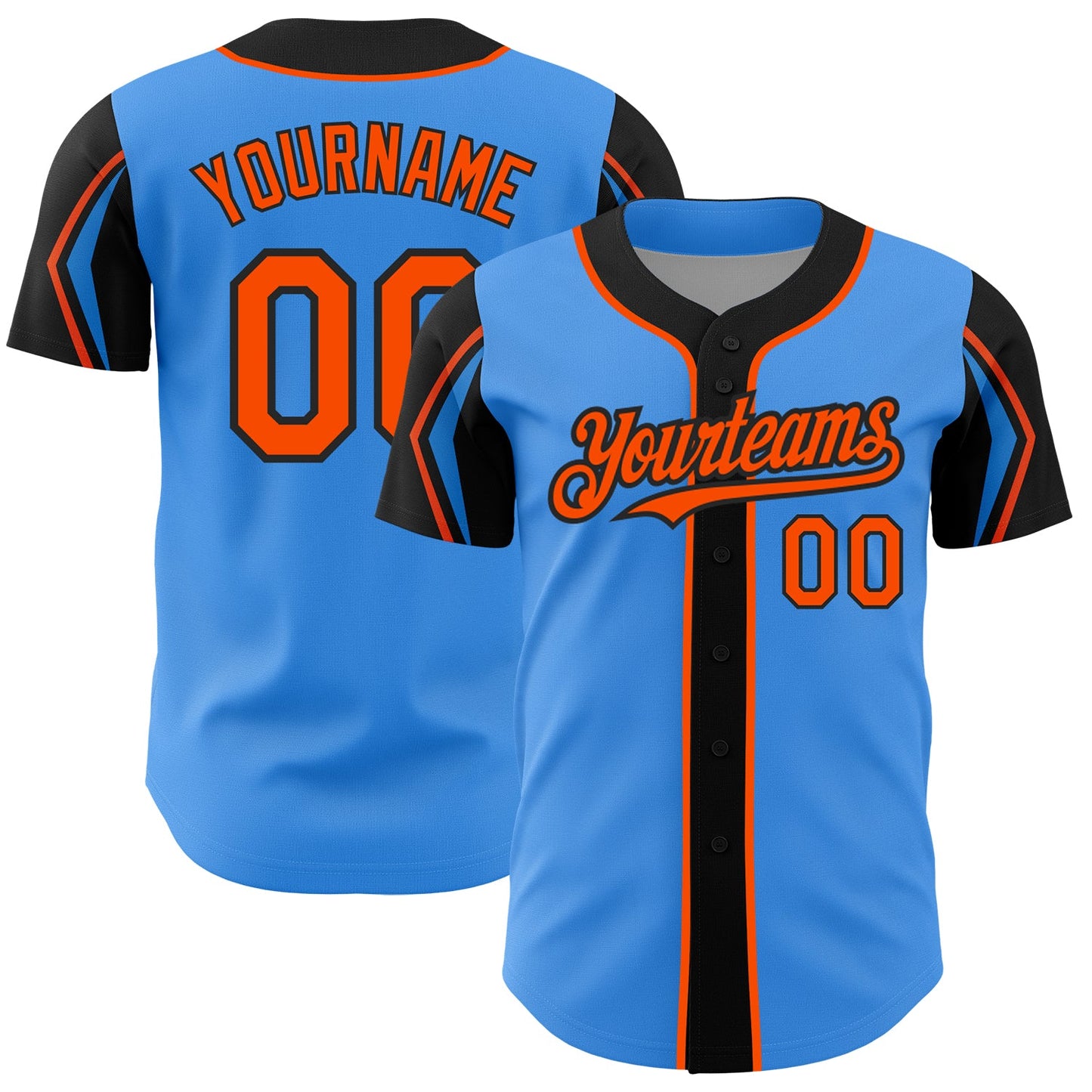 Custom Electric Blue Orange-Black 3 Colors Arm Shapes Authentic Baseball Jersey - Main View