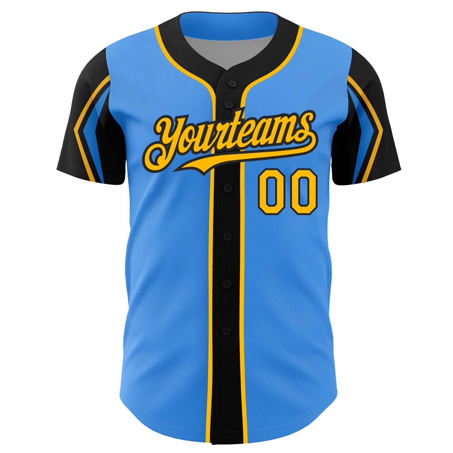 Custom Electric Blue Gold-Black 3 Colors Arm Shapes Authentic Baseball Jersey view 3