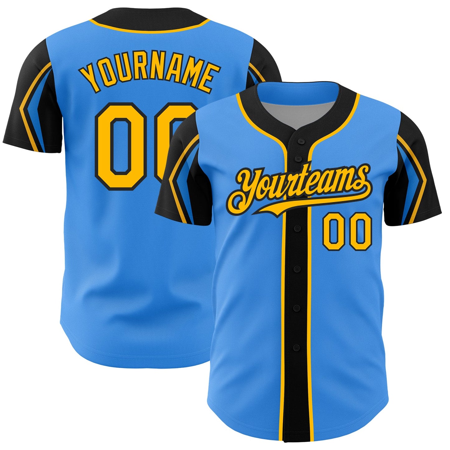 Custom Electric Blue Gold-Black 3 Colors Arm Shapes Authentic Baseball Jersey - Main View