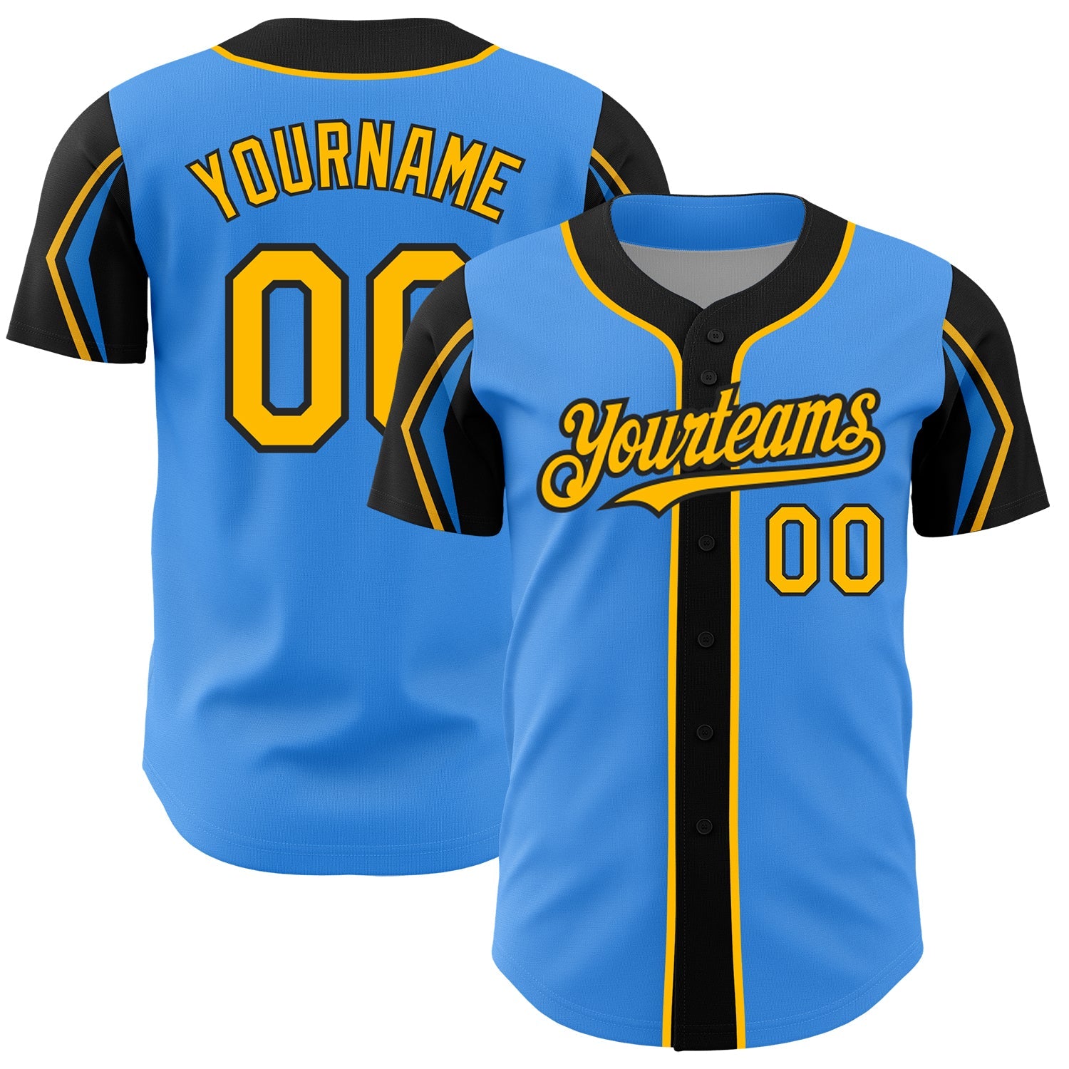 Custom Electric Blue Gold-Black 3 Colors Arm Shapes Authentic Baseball Jersey - Main View