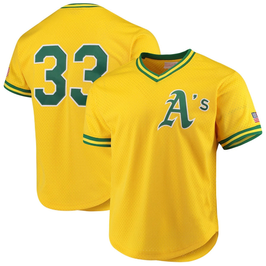 Oakland Athletics #33 Jose Canseco Mitchell & Ness Cooperstown Collection Mesh Batting Practice Jersey - Gold Stitched Baseball Jersey - Main View