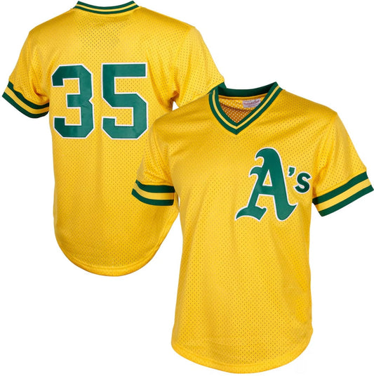 Oakland Athletics #35 Rickey Henderson Mitchell & Ness Cooperstown Mesh Batting Practice Jersey - Yellow Stitched Baseball Jersey - Main View