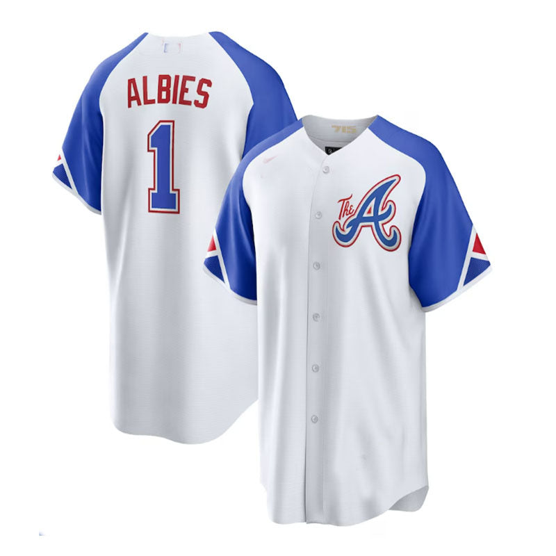 Atlanta Braves #1 Ozzie Albies White 2023 City Connect Replica Player Jersey Stitches Baseball Jerseys - Main View