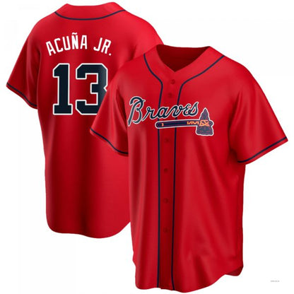 Atlanta Braves #13 Ronald Acuna Jr. Red Alternate Jersey Stitches Baseball Jerseys - Main View