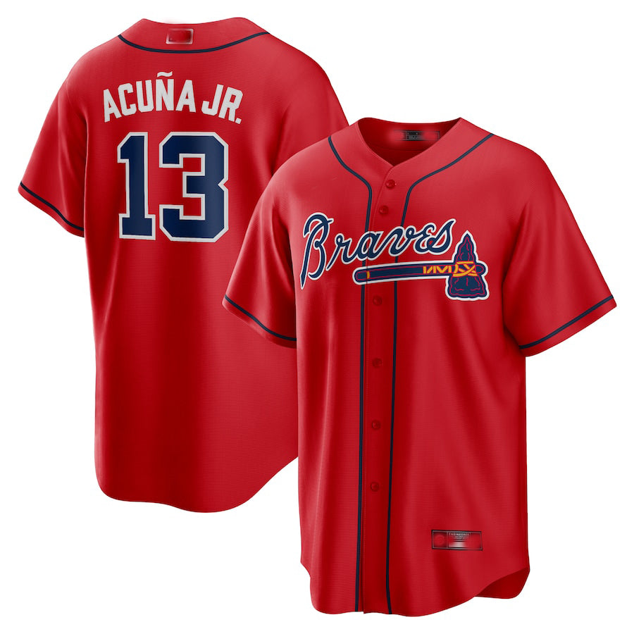 Atlanta Braves #13 Ronald Acuna Jr. Red Alternate Replica Player Name Jersey Stitches Baseball Jerseys - Main View