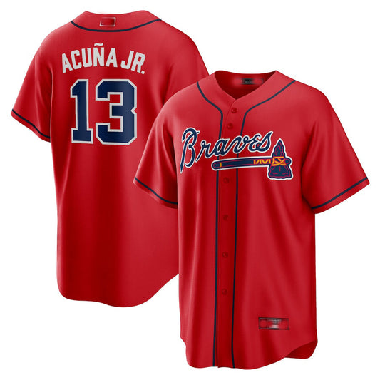 Atlanta Braves #13 Ronald Acuna Jr. Red Alternate Replica Player Name Jersey Stitches Baseball Jerseys - Main View