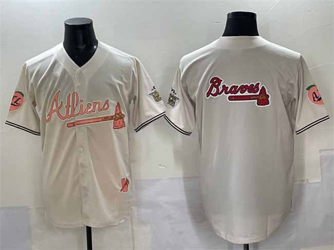 Atlanta Braves Team Big Logo Cream 2024 Atliens & Peach With Outkast Patch Vapor Limited Stitched Baseball Jersey - Main View