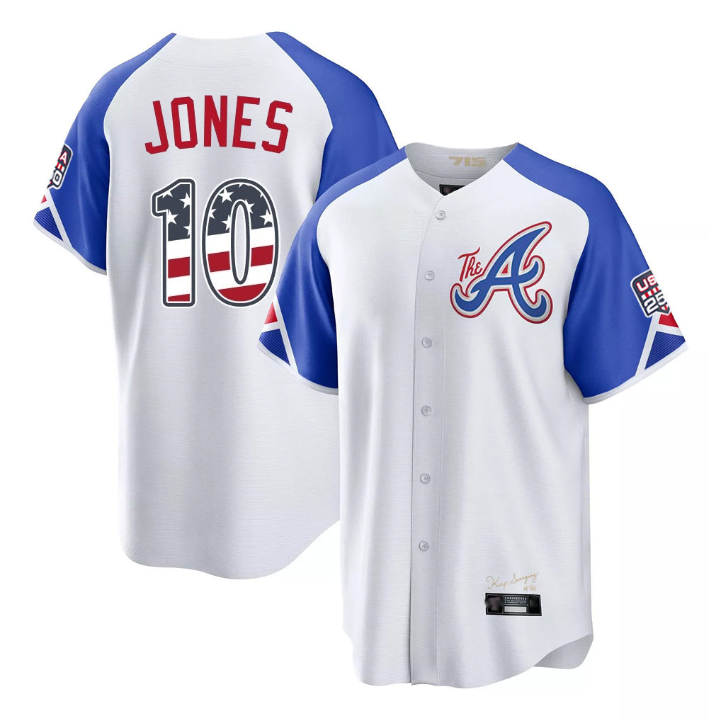 Atlanta Braves #10 Chipper Jones Player White USA 250 Fourth Of July City Connect Home Game Stitched Baseball Jersey - Main View