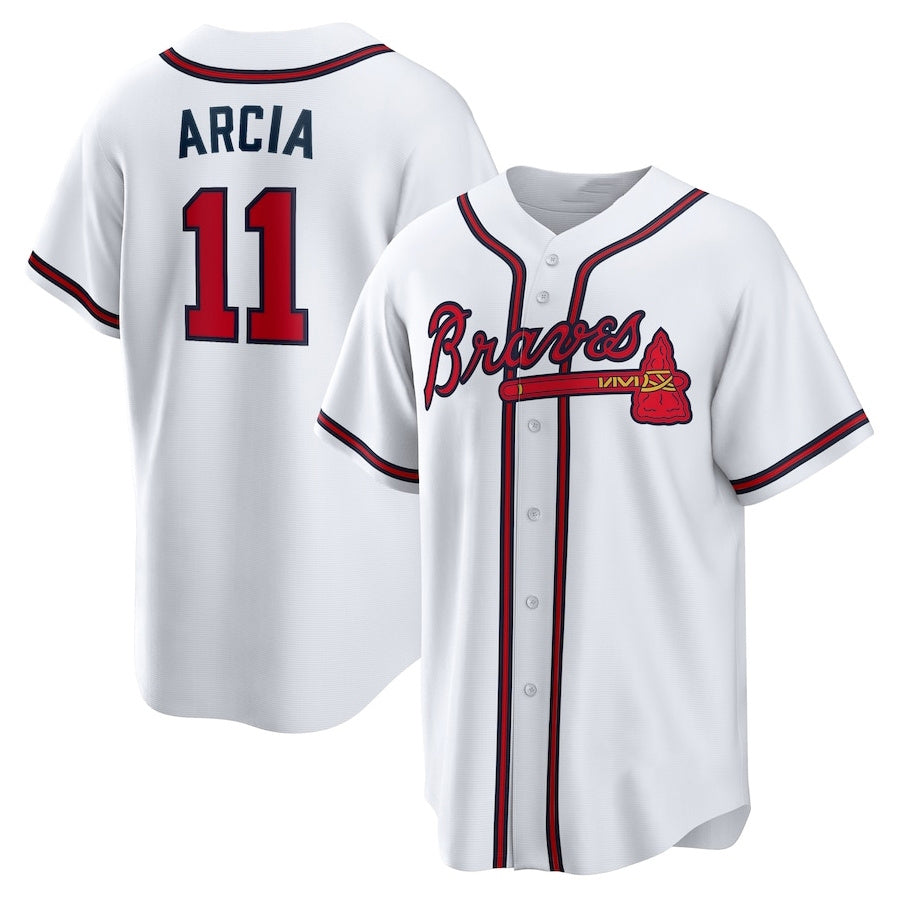 Atlanta Braves #11 Orlando Arcia Home Replica Jersey - White Baseball Jerseys - Main View