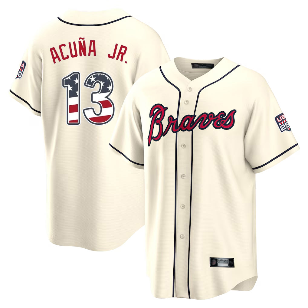 Atlanta Braves #13 Ronald Acuna Jr. Player Cream USA 250 Fourth Of July Limited Home Game Stitched Baseball Jersey - Main View