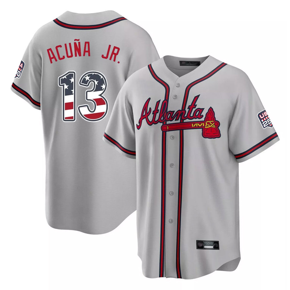 Atlanta Braves #13 Ronald Acuna Jr Player Gray USA 250 Fourth Of July Limited Home Game Stitched Baseball Jersey - Main View