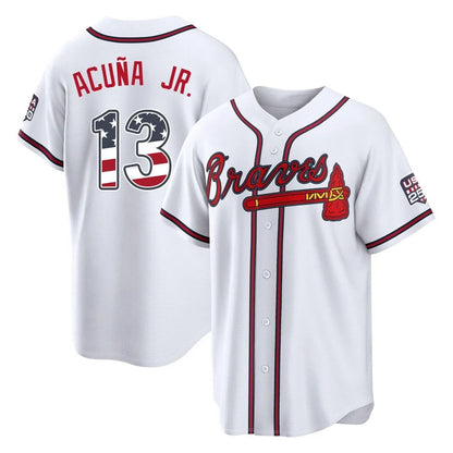 Atlanta Braves #13 Ronald Acuna Jr Player White USA 250 Fourth Of July Limited Home Game Stitched Baseball Jersey - Main View