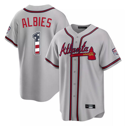 Atlanta Braves #1 Ozzie Albies Player Gray USA 250 Fourth Of July Limited Home Game Stitched Baseball Jersey - Main View
