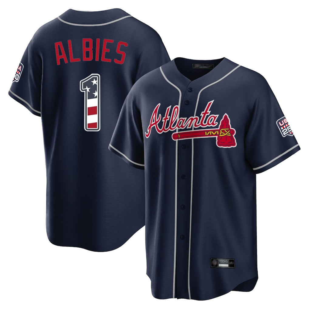 Atlanta Braves #1 Ozzie Albies Player Navy USA 250 Fourth Of July Limited Home Game Stitched Baseball Jersey - Main View