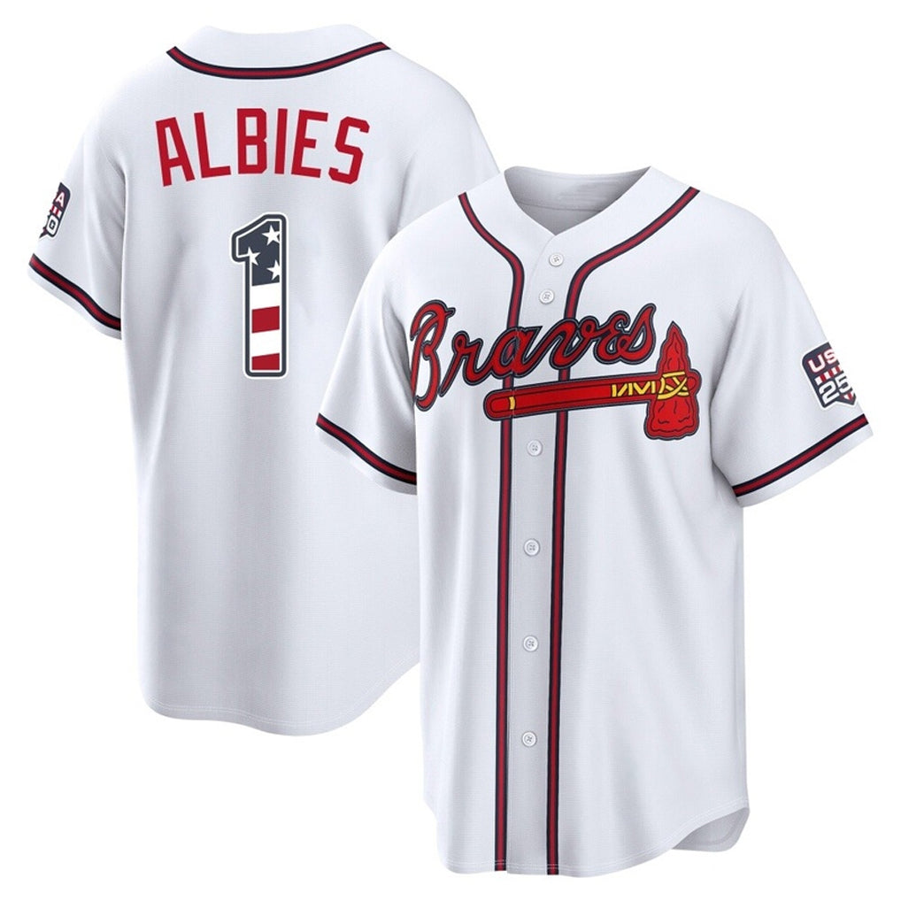 Atlanta Braves #1 Ozzie Albies Player White USA 250 Fourth Of July Limited Home Game Stitched Baseball Jersey - Main View