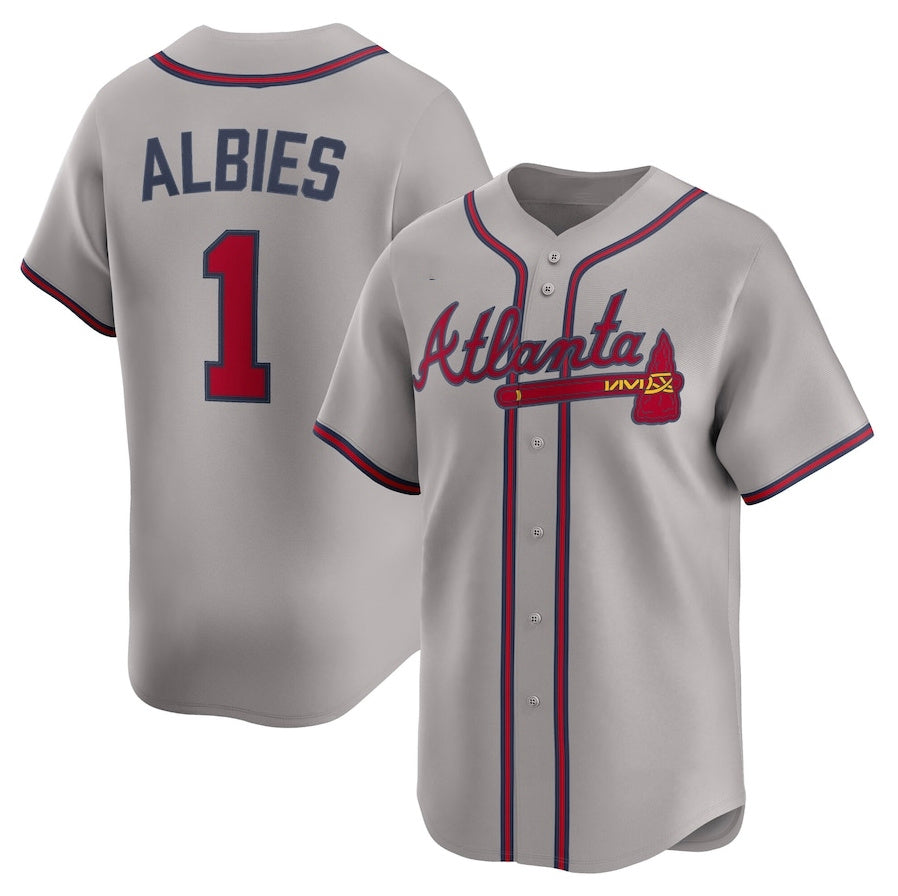 Atlanta Braves #1 Ozzie Albies Road Limited Player Jersey - Gray Baseball Jerseys - Main View