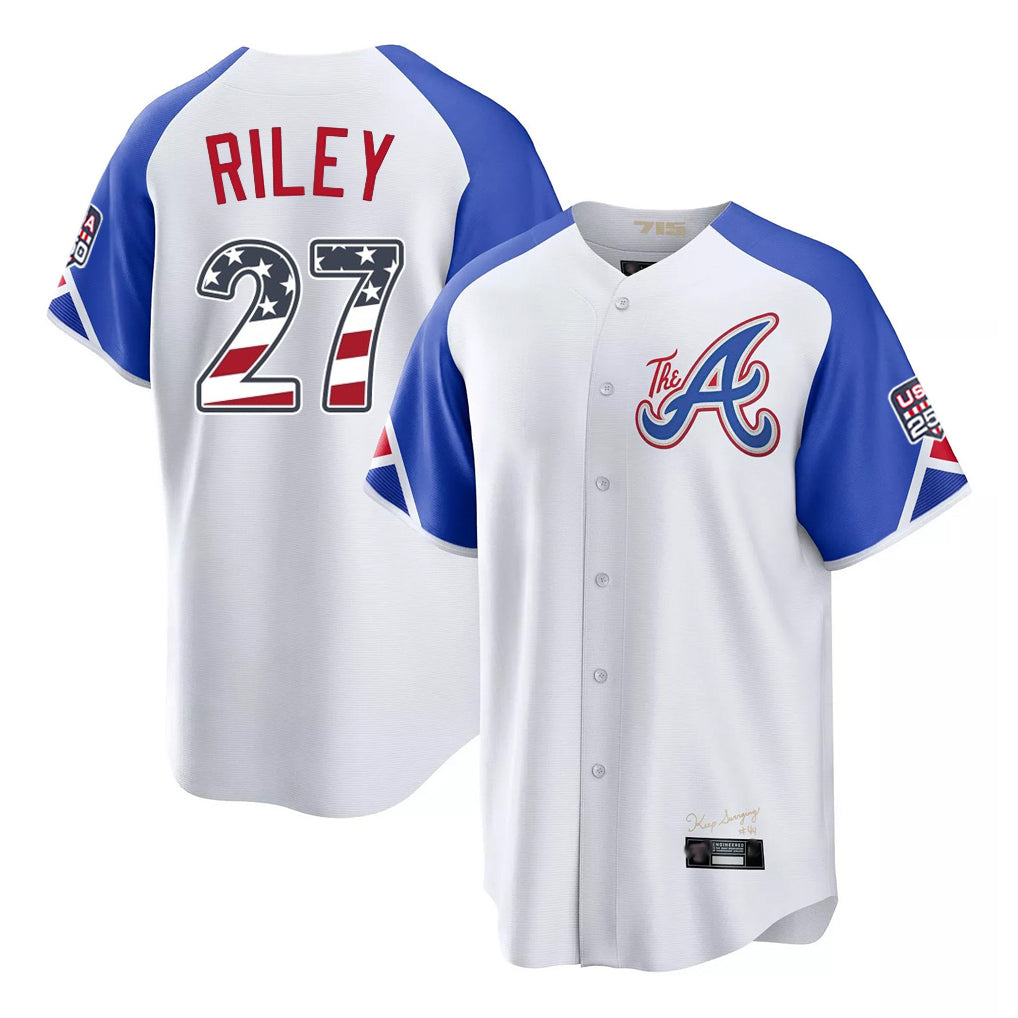 Atlanta Braves #27 Austin Riley Player White USA 250 Fourth Of July City Connect Home Game Stitched Baseball Jersey - Main View
