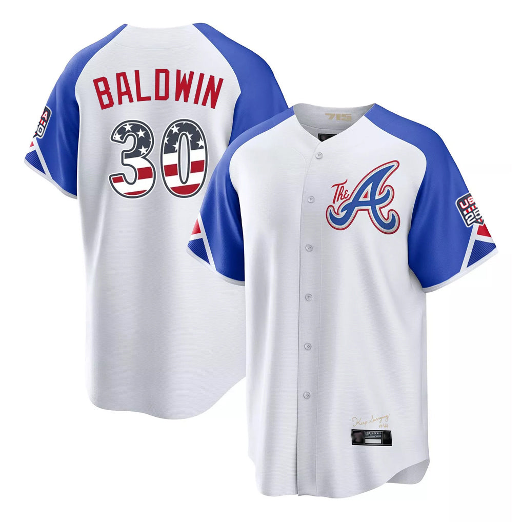 Atlanta Braves #30 Drake Baldwin Player White USA 250 Fourth Of July City Connect Home Game Stitched Baseball Jersey - Main View