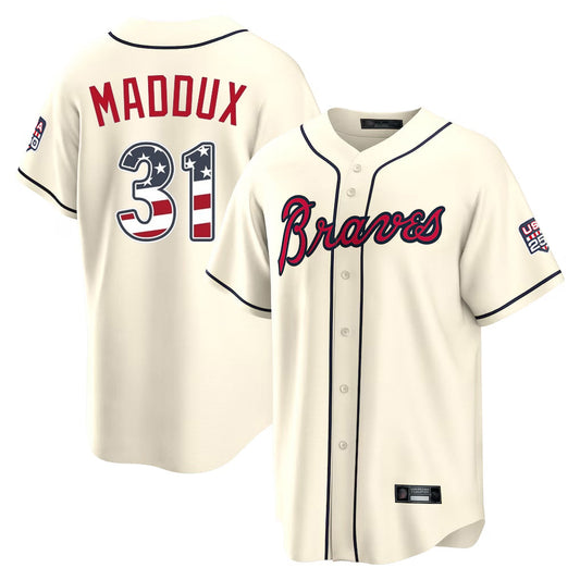Atlanta Braves #31 Greg Maddux Player Cream USA 250 Fourth Of July Limited Home Game Stitched Baseball Jersey - Main View