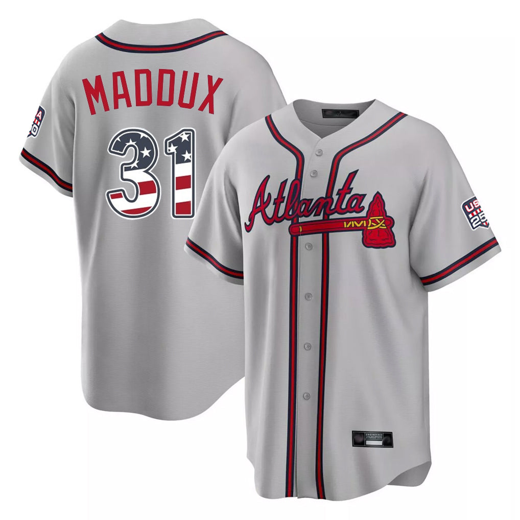 Atlanta Braves #31 Greg Maddux Player Gray USA 250 Fourth Of July Limited Home Game Stitched Baseball Jersey - Main View