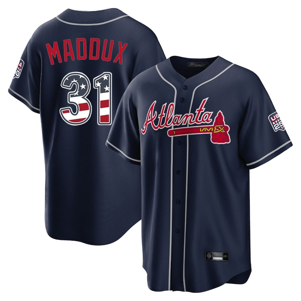 Atlanta Braves #31 Greg Maddux Player Navy USA 250 Fourth Of July Limited Home Game Stitched Baseball Jersey - Main View