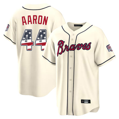 Atlanta Braves #44 Hank Aaron Player Cream USA 250 Fourth Of July Limited Home Game Stitched Baseball Jersey - Main View