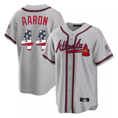 Atlanta Braves #44 Hank Aaron Player Gray USA 250 Fourth Of July Limited Home Game Stitched Baseball Jersey - Main View