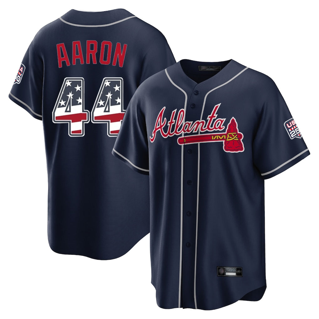Atlanta Braves #44 Hank Aaron Player Navy USA 250 Fourth Of July Limited Home Game Stitched Baseball Jersey - Main View