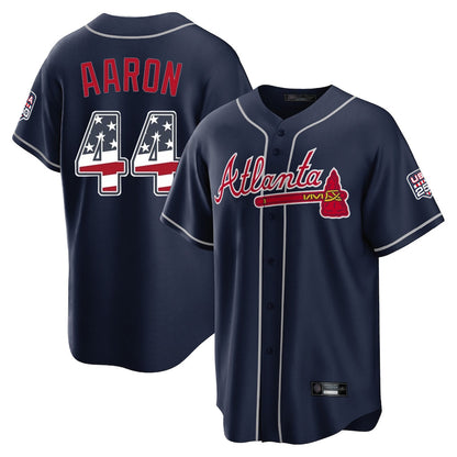 Atlanta Braves #44 Hank Aaron Player Navy USA 250 Fourth Of July Limited Home Game Stitched Baseball Jersey - Main View