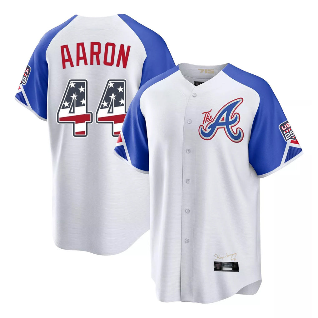 Atlanta Braves #44 Hank Aaron Player White USA 250 Fourth Of July City Connect Home Game Stitched Baseball Jersey - Main View
