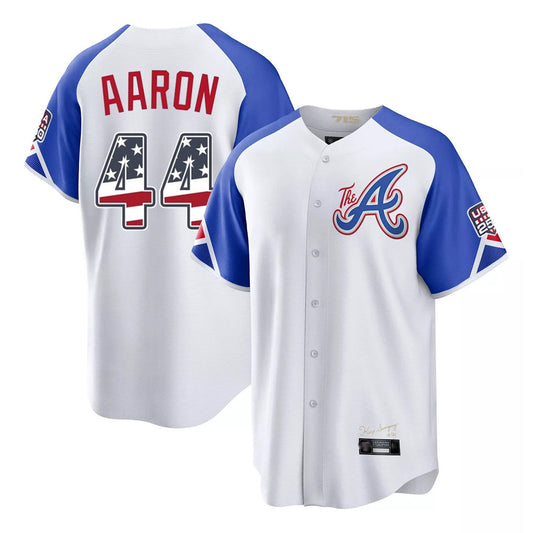 Atlanta Braves #44 Hank Aaron Player White USA 250 Fourth Of July City Connect Home Game Stitched Baseball Jersey - Main View