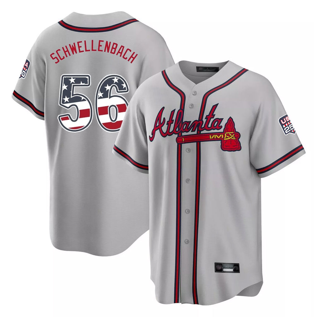 Atlanta Braves #56 Spencer Schwellenbach Player Gray USA 250 Fourth Of July Limited Home Game Stitched Baseball Jersey - Main View