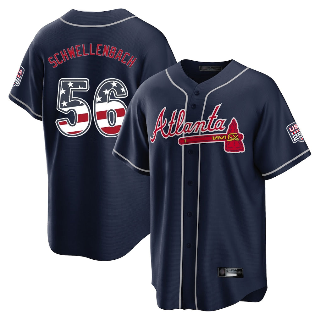 Atlanta Braves #56 Spencer Schwellenbach Player Navy USA 250 Fourth Of July Limited Home Game Stitched Baseball Jersey - Main View
