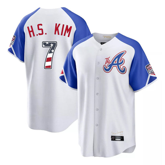 Atlanta Braves #7 Ha-Seong Kim Player White USA 250 Fourth Of July City Connect Home Game Stitched Baseball Jersey - Main View