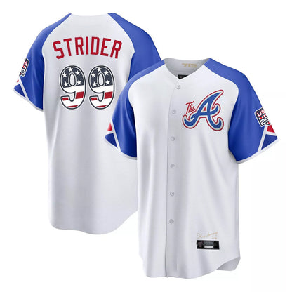 Atlanta Braves #99 Spencer Strider Player White USA 250 Fourth Of July City Connect Home Game Stitched Baseball Jersey - Main View