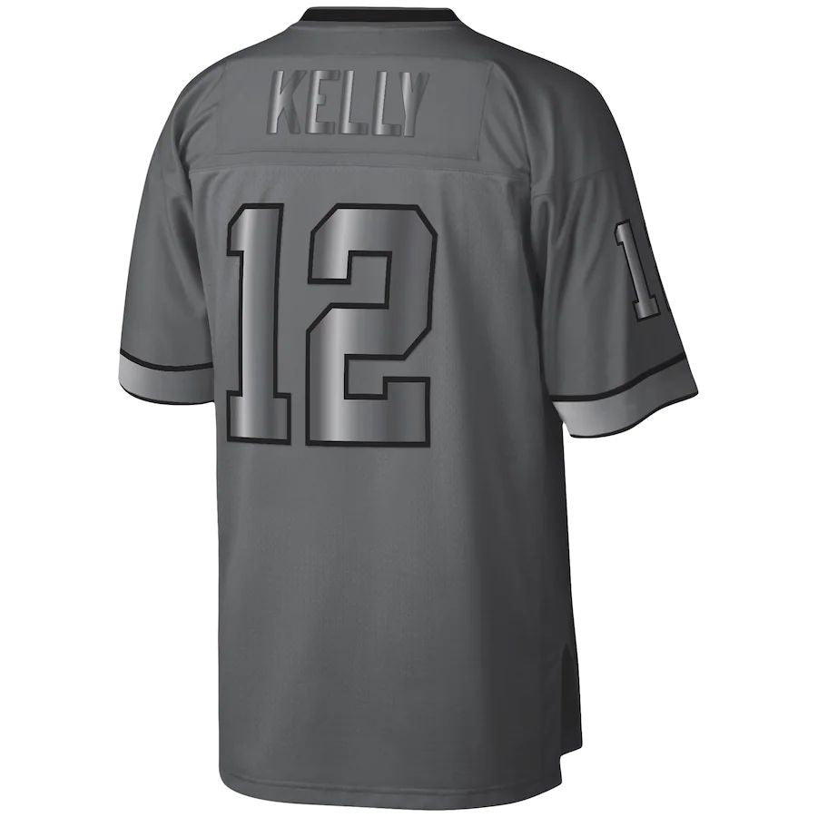 B.Bills #12 Jim Kelly Mitchell & Ness Charcoal 1990 Retired Player Metal Legacy Jersey Football Stitched American Jerseys - Main View