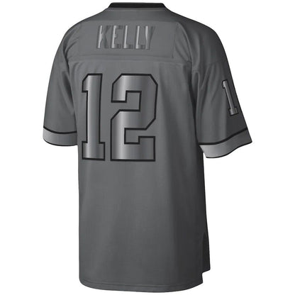 B.Bills #12 Jim Kelly Mitchell & Ness Charcoal 1990 Retired Player Metal Legacy Jersey Football Stitched American Jerseys - Main View