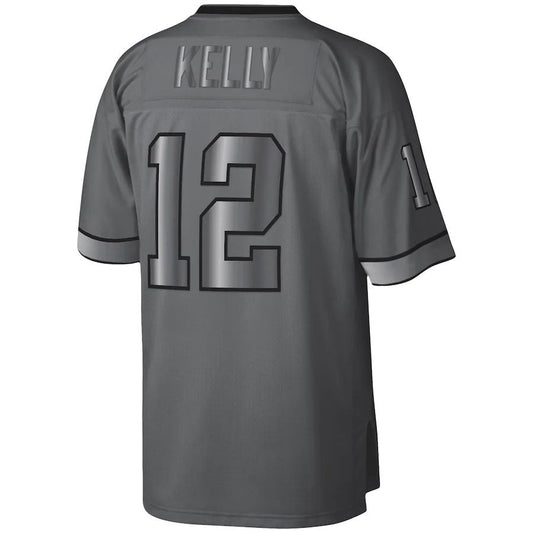B.Bills #12 Jim Kelly Mitchell & Ness Charcoal 1990 Retired Player Metal Legacy Jersey Football Stitched American Jerseys - Main View