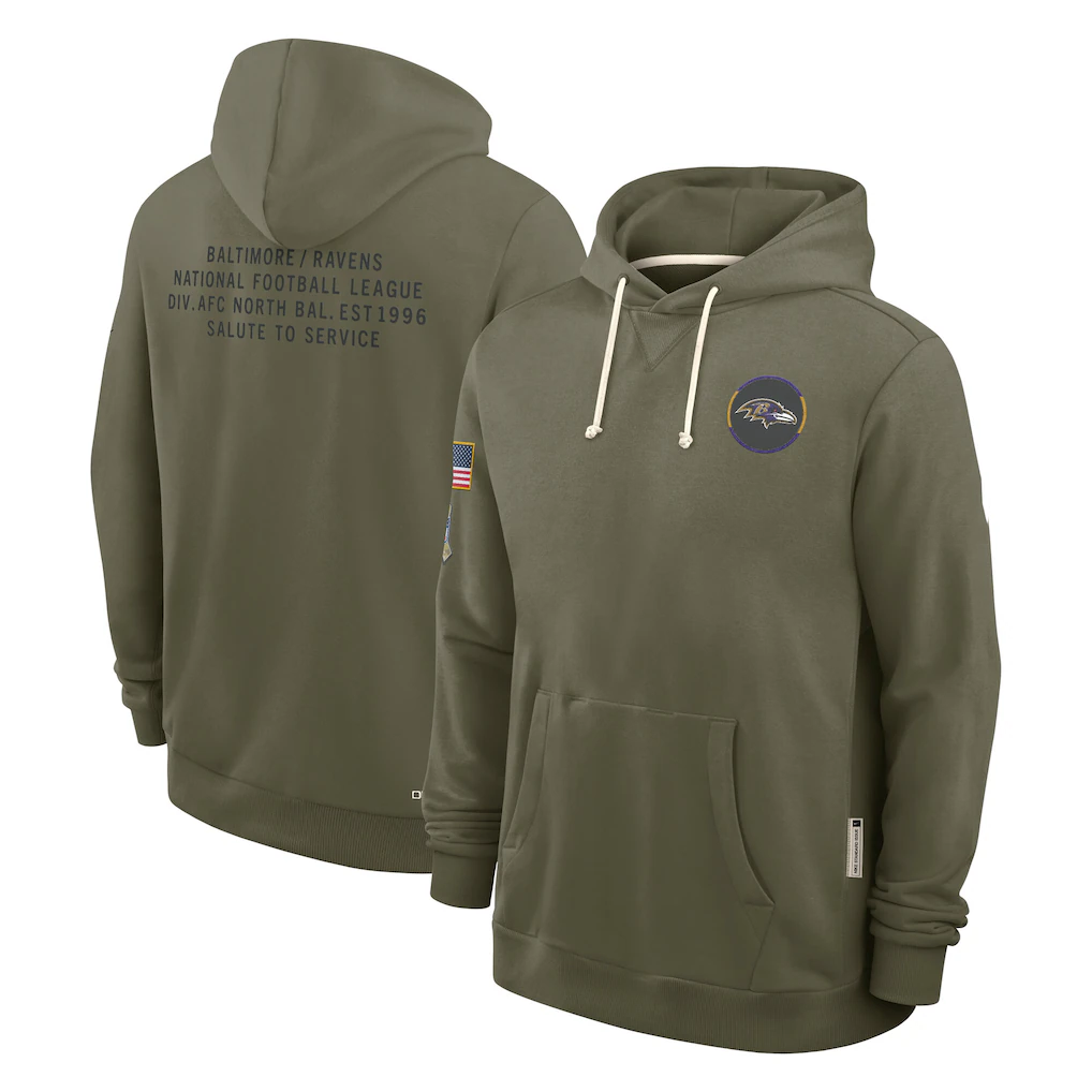 B.Ravens Olive 2025 Salute to Service Sideline Standard Issue Dri-FIT Hoodie Stitched American Football Jerseys - Main View