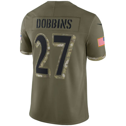 B.Ravens #27 J.K. Dobbins Olive 2022 Salute To Service Limited Jersey Stitched American Football Jerseys - Main View